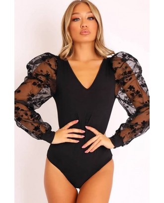 Black Mesh Splicing Floral Embroidery Sexy Bodysuit