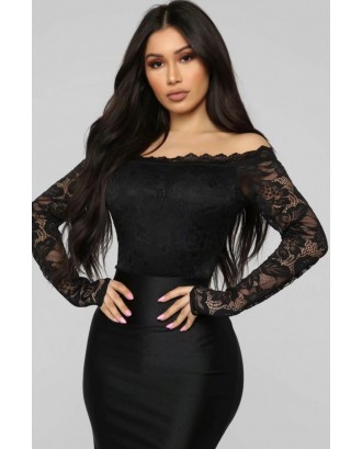 Black Lace Off Shoulder Long Sleeve Sexy Bodysuit
