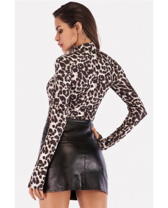 Apricot Leopard Mock Neck Long Sleeve Casual Bodysuit