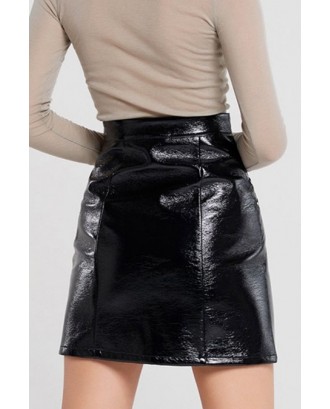Black Patent Leather O Ring Zipper Up Chic Skirt