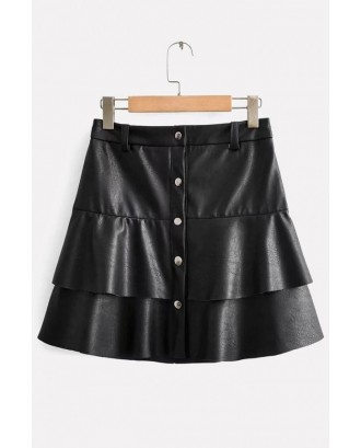 Black Faux Leather Layered Ruffles Casual Skirt