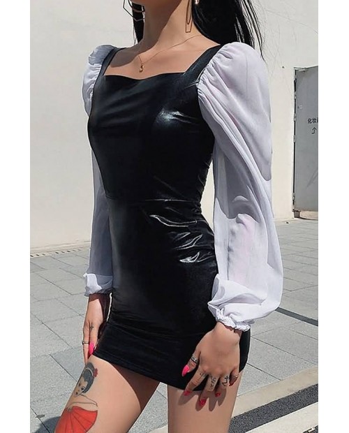 Black Faux Leather Splicing Sexy Bodycon Mini Dress