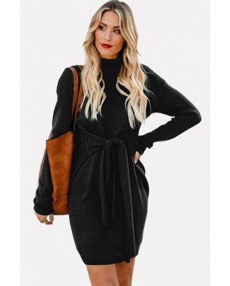 Black Tied Turtle Neck Long Sleeve Casual Sweater Dress