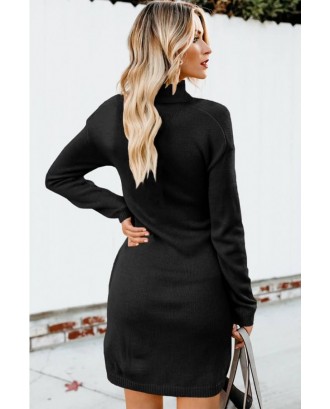 Black Tied Turtle Neck Long Sleeve Casual Sweater Dress