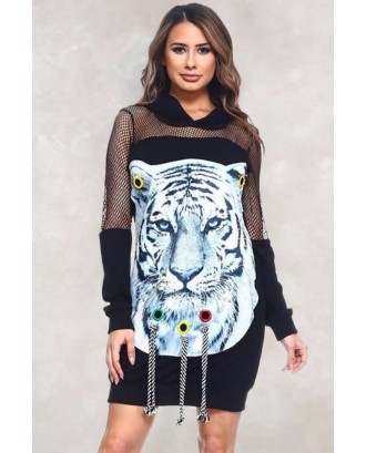 Black Tiger Print Mesh Hoodie Long Sleeve Casual Dress
