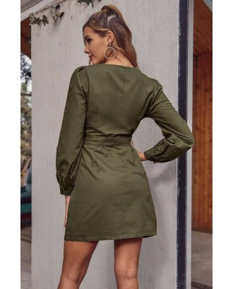 Army-green Tied Button Up Square Neck Long Sleeve Casual Dress