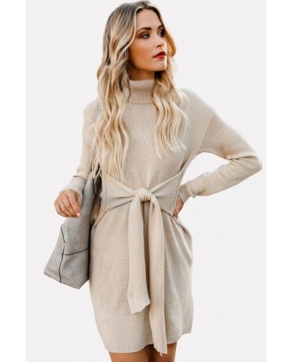 Apricot Tied Turtle Neck Long Sleeve Casual Sweater Dress