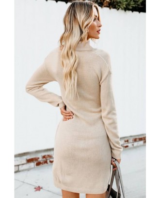 Apricot Tied Turtle Neck Long Sleeve Casual Sweater Dress