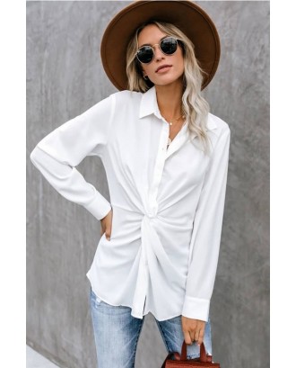 White Twisted Button Up Long Sleeve Casual Shirt