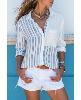 White Stripe Button Up Long Sleeve Casual Shirt