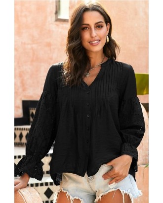 Black Button Up Hollow Out V Neck Long Sleeve Casual Blouse