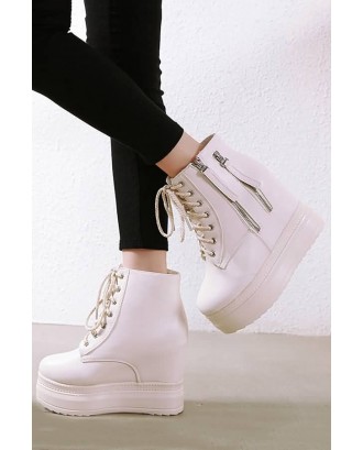Apricot Lace Up Zipper Up Platform Wedge Booties