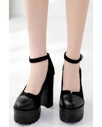 Black Ankle Strap Platform Round Toe Chunky High Heels