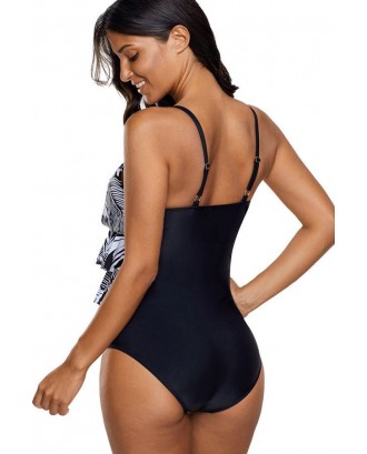 Black Graphic Print Layered Sexy One Piece Swimsuit