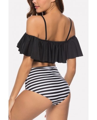 Black Stripe Ruffles Off Shoulder High Waist Sexy Bikini