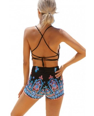 Black Plunging Tribal Print Strappy Lace Up Backless Boyshort Sexy Two Piece Crop Top Bikini Swimsuit