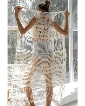 Beige Hollow Out Crochet Fringe Hem Sexy Beach Cardigan Cover Up