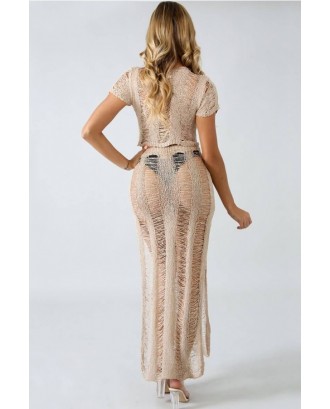 Camel V Neck High Slit Tied Crop Top Skirt Sexy Cover Up