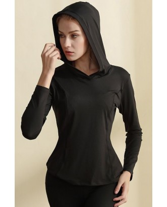 Black Hooded Long Sleeve Workout Sports Tee