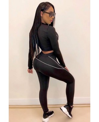 Black Contrast Binding Zipper Up Long Sleeve Sports Crop Top Leggings Set