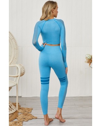 Blue Hollow Out Crew Neck Long Sleeve Sports Crop Top Leggings Set