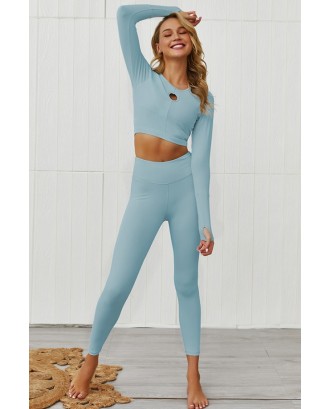 Blue Hollow Out Round Neck Long Sleeve Sports Crop Top Leggings Set