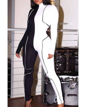 Black-white Two Tone Mock Neck Long Sleeve Sports Jumpsuit