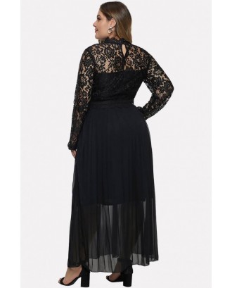 Black Lace Splicing Long Sleeve Sexy Maxi Plus Size Dress
