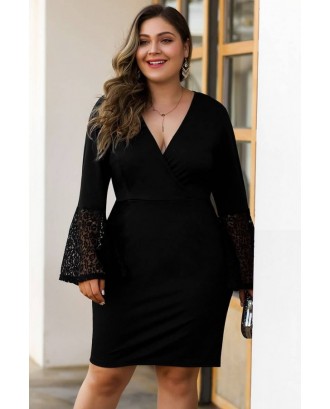 Black Lace Splicing Flare Sleeve Casual Plus Size Dress