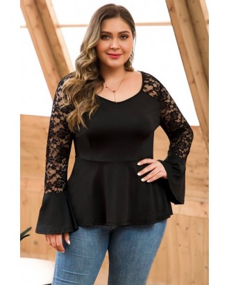 Black Lace Splicing Flare Sleeve Casual Plus Size T Shirt