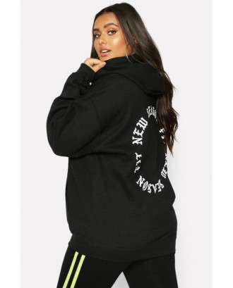 Black Letters Print Pocket Front Long Sleeve Casual Plus Size Hoodie