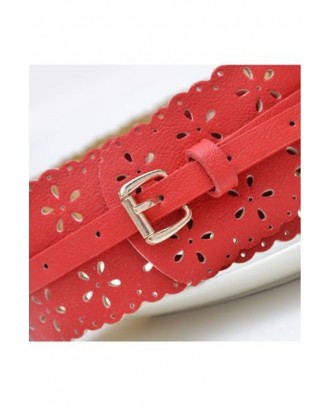 Red Faux Leather Perforated High Waist Belt